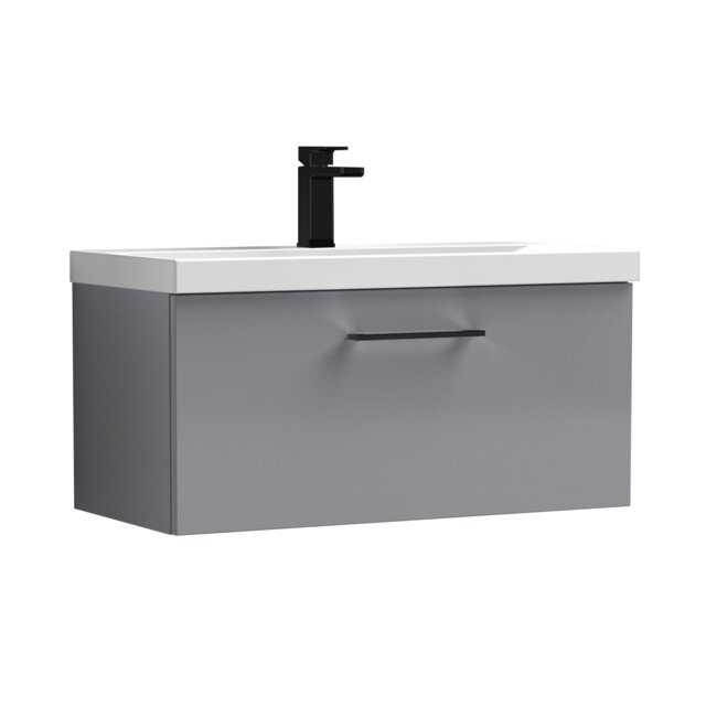 Balterley Wall Hung Bathroom 1 Drawer Vanity Unit and 1 Tap Hole Ceramic Basin, with Handle Grey Satin Grey