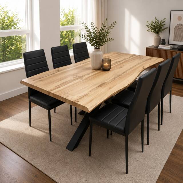Modern Dining Table with 6 Black faux leather padded Chairs Kitchen Furniture