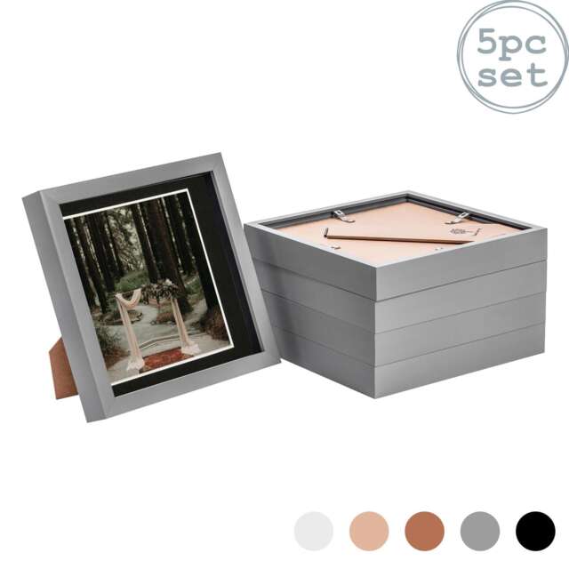 "Nicola Spring 8 x 8"" Photo Frames - Grey/Black Mount - 3D Picture Frame Box Portrait Display Case (22.5 x 22.5cm) Set of 5"