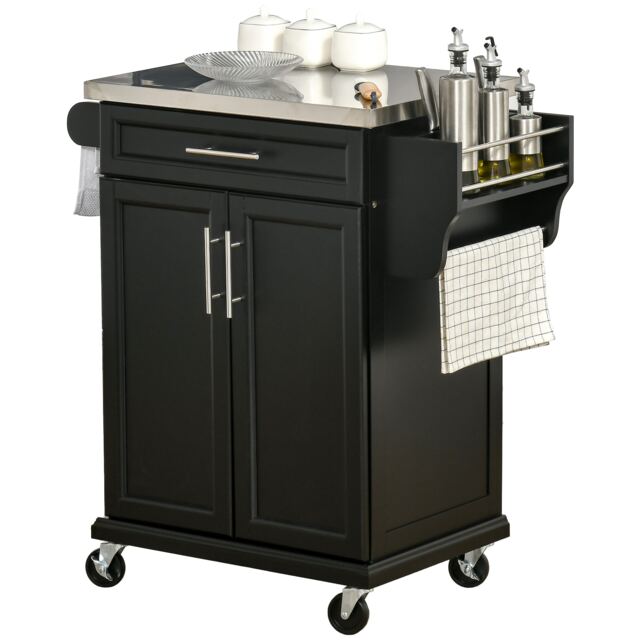 HOMCOM Rolling Kitchen Cart Storage Trolley with Drawer Towel Rail Steel Black Black