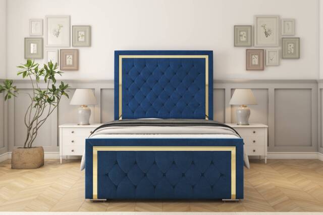 "Sloomy Sofia Gold Navy Plush Bed Frame With 50"" Upholstered Headboard 4' Small Double"