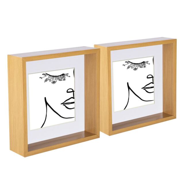 "Nicola Spring 8 x 8"" Deep Photo Frames - Light Wood/White Mount - 3D Deep Box Picture Frame Display Case (22.5 x 22.5cm) x2"