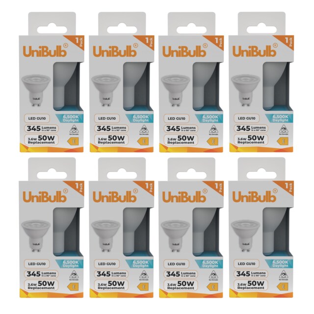 UniBulb LED GU10 345lm 3.6W (Replaces 50W) 6500K (Daylight) Spotlight Downlight Light Bulb - Pack of 8