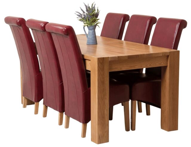 Kuba 180 x 90 cm Chunky Oak Dining Table and 6 Montana Leather Chairs Red Red