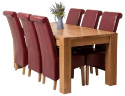 Kuba 180 x 90 cm Chunky Oak Dining Table and 6 Montana Leather Chairs Red Red