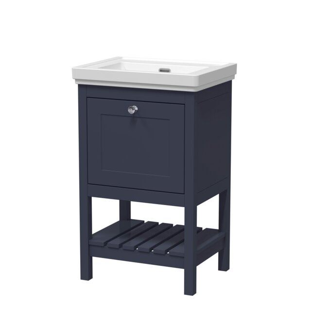 Traditional Furniture Floor Standing 1 Drawer Vanity & 0 Tap Hole Fireclay Basin, 500mm, Indigo Blue Multi
