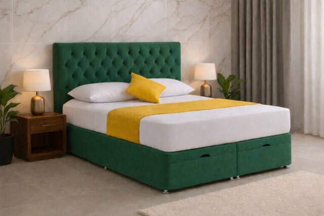 Chesterfield Green Ottoman End Opening 3ft Single Bed Set Headboard and Mattress
