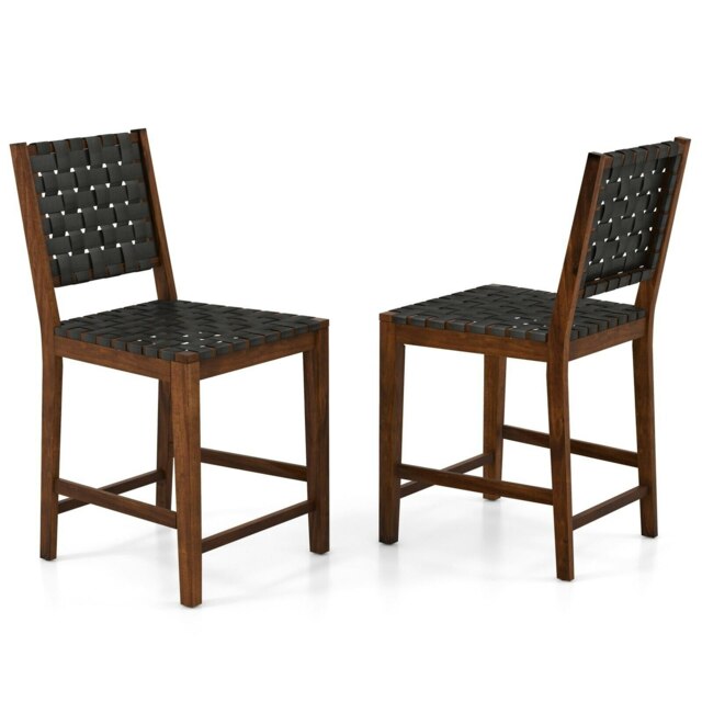 COSTWAY Set of 2 Bar Stools w/ Faux PU Leather Straps Black