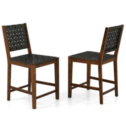 COSTWAY Set of 2 Bar Stools w/ Faux PU Leather Straps Black