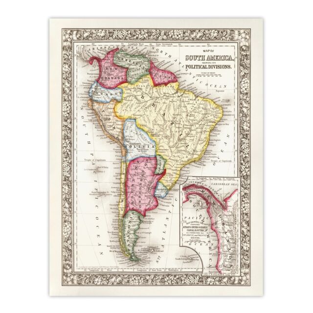 "South America Political Divisions Map Mitchell Wall Art Poster Print 12X16"""