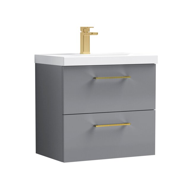 Balterley Wall Hung Bathroom 2 Drawer Vanity Unit and 1 Tap Hole Ceramic Basin, with Handles Grey Satin Grey