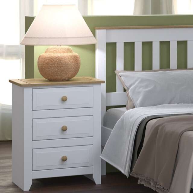 Capri White 3 Drawer Pine Nightstand - Country House Style Bedside Cabinet White White One Size 1