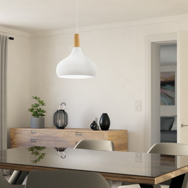 EGLO Sabinar Metal and Wood Single Pendant Light, 28cm