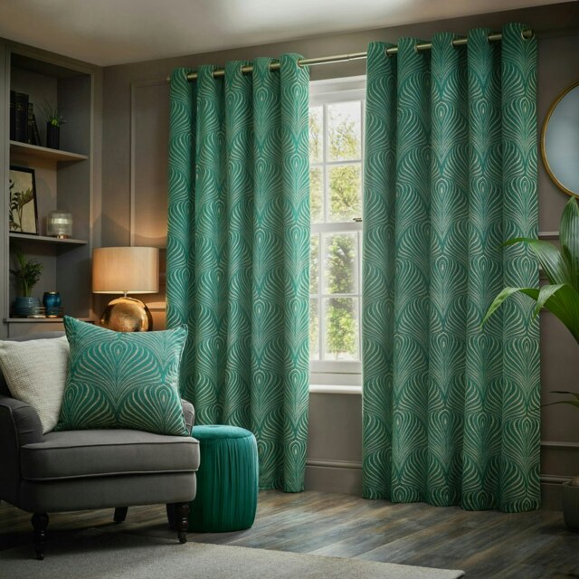 Paoletti Gatsby Jacquard Emerald Eyelet Curtains (W)117cm x (D)137cm Multi