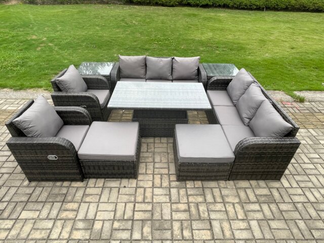 Fimous Rattan Outdoor Garden Furniture Sets Height Adjustable Rising lifting Dining Table Reclining Chair Sofa Set with 2 Side Tables 2 Big Footstools Dark Grey Mixed