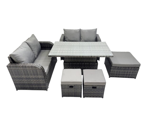 Fimous 7-seater Patio Height Adjustable Rising Lifting Table Sofa Sets Rattan Garden Furniture Dining Set with 3 Stools Dark Grey Mixed