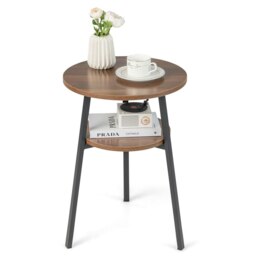 COSTWAY Round Side Table Wooden 2-Tier Sofa End Table Brown