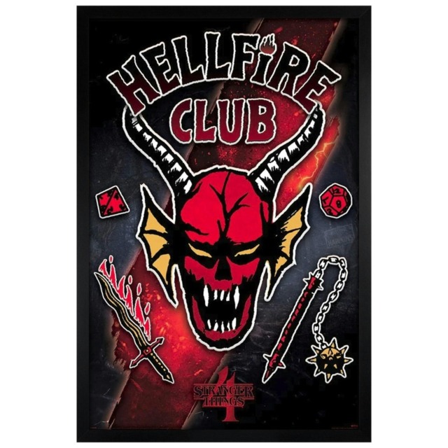 Black Wooden Framed Stranger Things Hellfire Club Emblem Rift Maxi Poster Multi