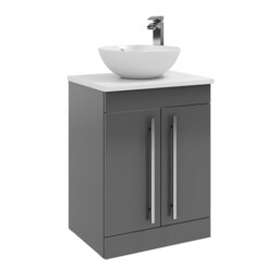 2-Door Floor Standing Vanity Unit with Sit-On Basin and Worktop 600mm Wide - Storm Grey Gloss - Brassware Not Included Grey Grey 1