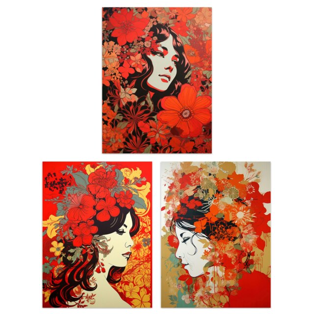 Set of 3 Women Faces Red Flowers Floral Artworks Boho Portraits Wall Art Print A4