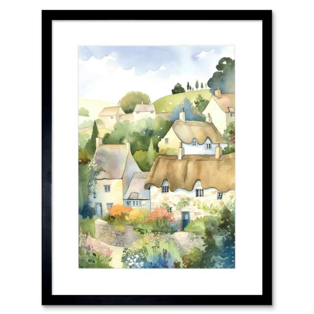 "Thatched Roof Cottage House Village Pastel Watercolour 9x7"" Black Framed Wall Art Print"