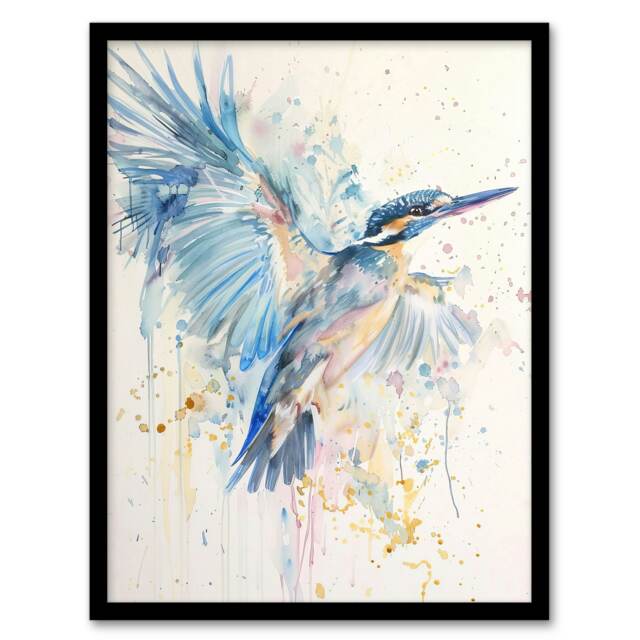 Kingfisher Bird Flight Watercolour Living Room Black Framed Wall Art Print A4
