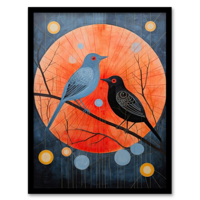 Nightingales Song Birds Orange Moon Home Decor Black Framed Wall Art Print A4