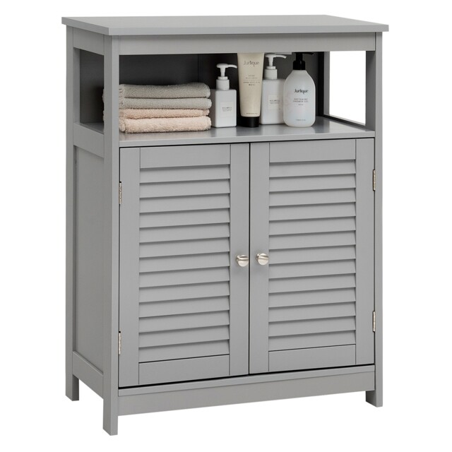 COSTWAY Bathroom Floor Cabinet Wooden Storage Cabinet with Double Shutter Door