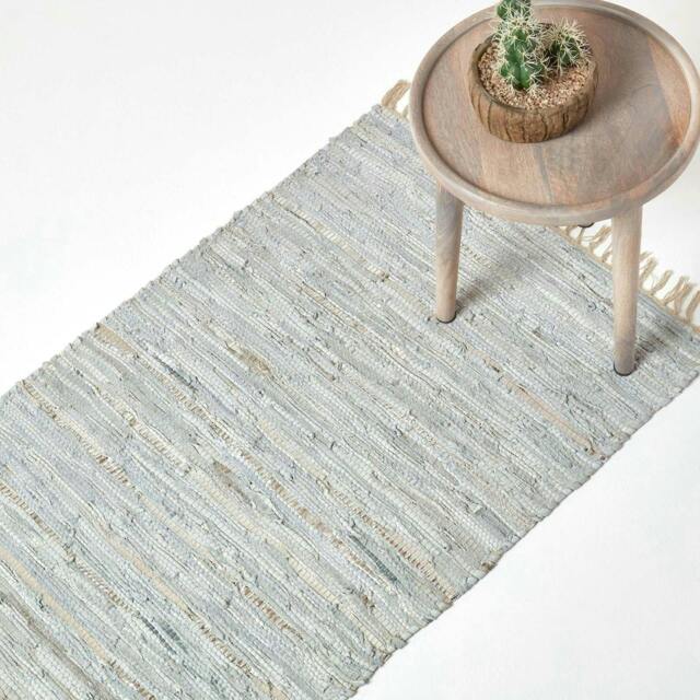 Homescapes Leather Glitter Rug Silver and Natural - 66 x 200cm Runner Grey Silver & Natural