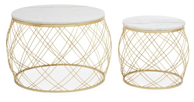 Orsina Set of 2 White Marble Top Side Tables with Gold Frame, Round Tempered Marble Tops on Gold Iron Bases