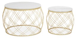 Orsina Set of 2 White Marble Top Side Tables with Gold Frame, Round Tempered Marble Tops on Gold Iron Bases