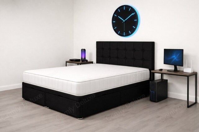 Black foot lift plush 4ft6 double ottoman bed set with headboard and mattress