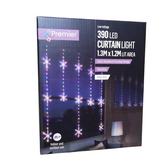 390 LED 1.3m x 1.2m Christmas Snowflake Curtain Lights in Static Rainbow & Twinkling Orange
