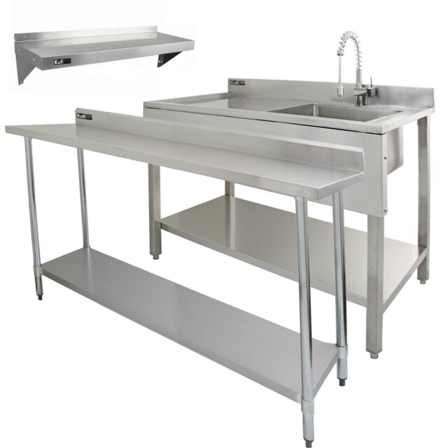 6ft Stainless Steel Catering Bench, Stainless Steel Sink - Left Hand Drainer & 2 x Wall Mounted Shelves Silver
