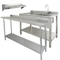 6ft Stainless Steel Catering Bench, Stainless Steel Sink - Left Hand Drainer & 2 x Wall Mounted Shelves Silver