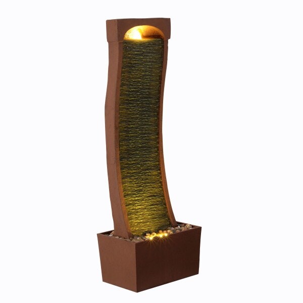 Teamson Home Indoor/Outdoor Modern Curved Faux Slate Waterfall Fountain with LED Lights, Red Rock