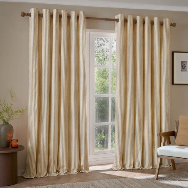 Hebden Striped Cotton Eyelet Curtain Pair, 229 x 183cm, Honey Yellow Yellow Honey Yellow