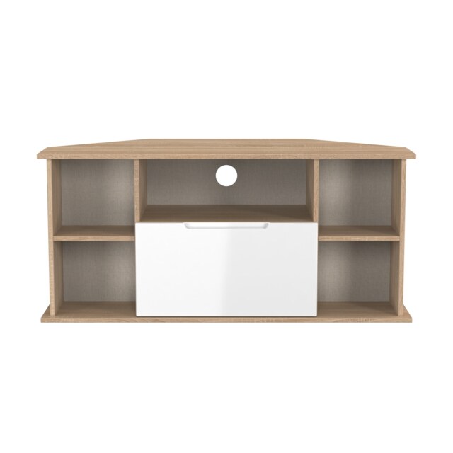 Lucca Corner TV Stand in White Gloss & Bardolino Oak (Ready Assembled) White White Gloss & Bardolino Oak