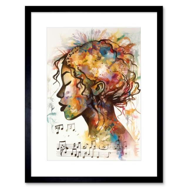 "Musical Notes Meditation Musician Woman Music 9x7"" Black Framed Wall Art Print"
