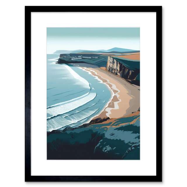 "Rhossili Bay Cliffs Over Beach Coastal Landscape 9x7"" Black Framed Wall Art Print"