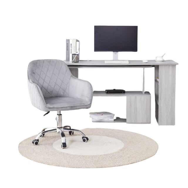 Grey Office Desk L-shaped with Grey Velvet Upholstered Chair Wooden Room Furniture