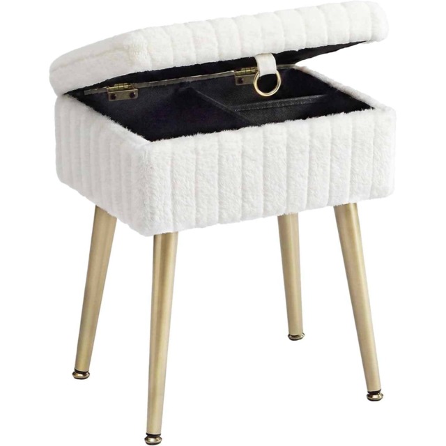 Rectangular Dressing Table Stool with Storage, Upholstered Ottoman, Metal Legs, Adjustable Feet, Cream White