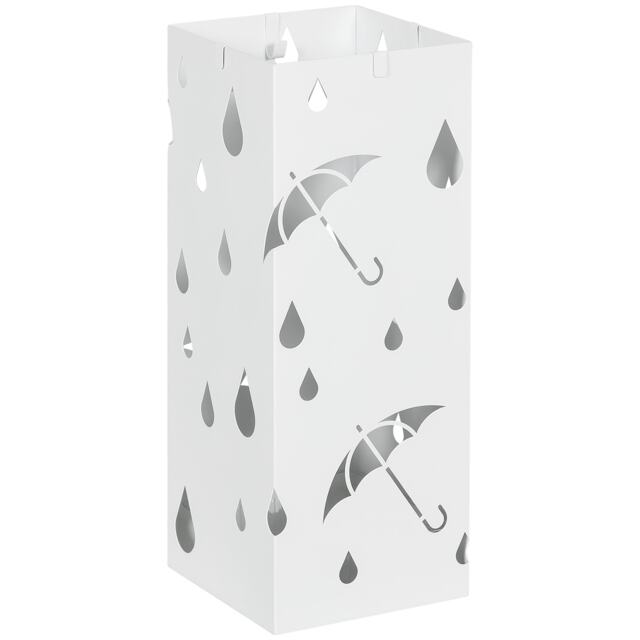 HOMCOM Metal Umbrella Stand, Square Umbrella Basket with 4 Hooks Drip Tray White