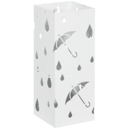 HOMCOM Steel Umbrella Stand, Square Umbrella Holder with 4 Hooks and Removable Drip Tray, Hollowed Umbrella Basket for Hallway, White