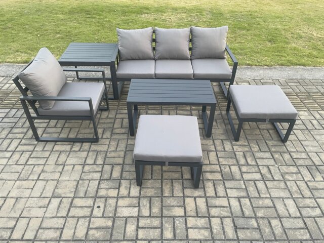 Fimous Aluminium 6 Pieces Garden Furniture Sofa Set with Cushions 6 Seater Outdoor Patio Set with Armchair 2 Big Footstools Side Table Dark Grey
