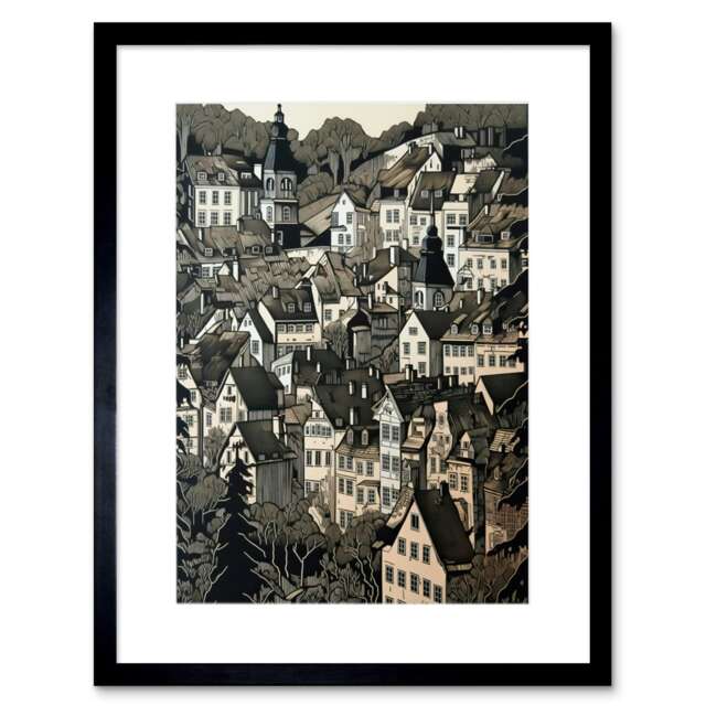"Black Forest City Baden Monochrome Cityscape 9x7"" Black Framed Wall Art Print"