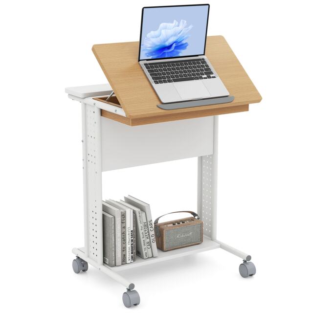 COSTWAY Rolling Portable Desk C-Shaped Computer Cart White