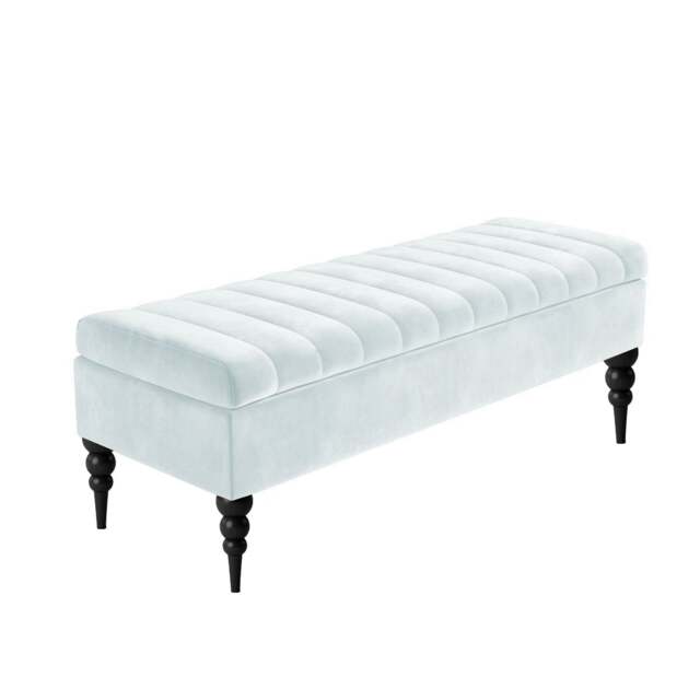 120cm Sierra Striped Ottoman Storage Bench with Black Turned Wooden Legs - White Plush Velvet Upholstered Shoes Bench
