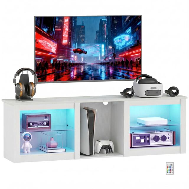 HOMCOM 160cm TV Unit w/ LED Lights for 70in TV Modern TV Stand Cabinet White White