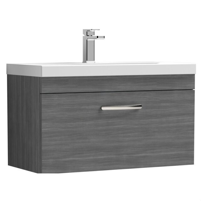 Balterley Millwich Contemporary 1 Drawer Wall Hung Vanity Unit with Thin Edge Basin, Anthracite Woodgrain, 800mm